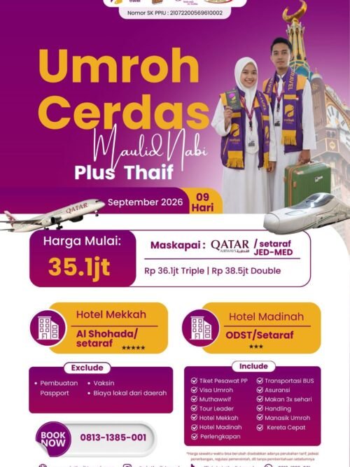 Poster promo Umroh Cerdas Maulid Nabi Plus Thaif September 2026 selama 9 hari menggunakan Qatar Airways dengan harga mulai 35,1 juta rupiah.