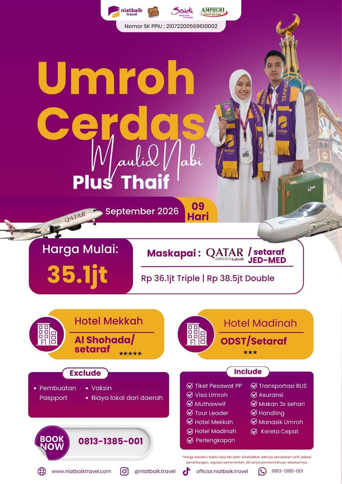 Poster promo Umroh Cerdas Maulid Nabi Plus Thaif September 2026 selama 9 hari menggunakan Qatar Airways dengan harga mulai 35,1 juta rupiah.